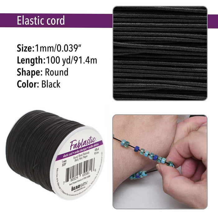 Black ROUND STRETCH CORD (Fabric Elastic) 1mm Thickness 100YRD SPOOL