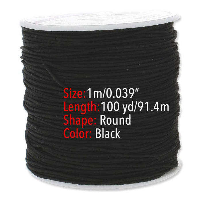 Black ROUND STRETCH CORD (Fabric Elastic) 1mm Thickness 100YRD SPOOL