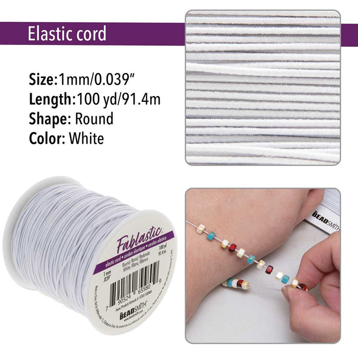 WHITE ROUND STRETCH CORD (Fabric Elastic) 1mm Thickness 100YRD SPOOL