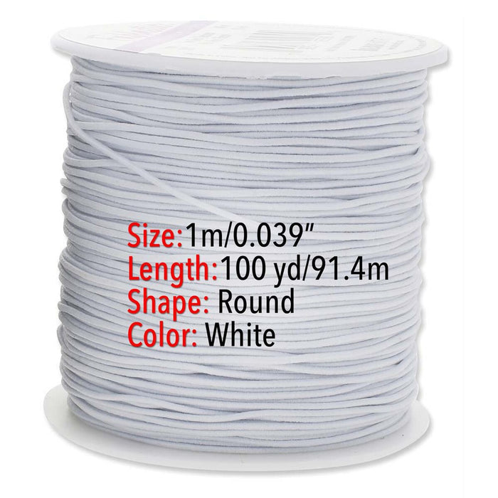 WHITE ROUND STRETCH CORD (Fabric Elastic) 1mm Thickness 100YRD SPOOL