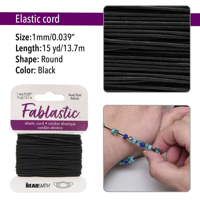 Black ROUND STRETCH CORD (Fabric Elastic) 1mm Thickness 15 Yards