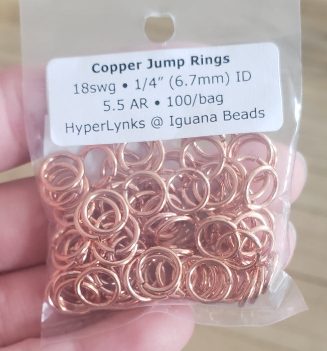 18swg Copper Jump Rings 1/4" (6.7mm) ID 5.5 AR 100/bag