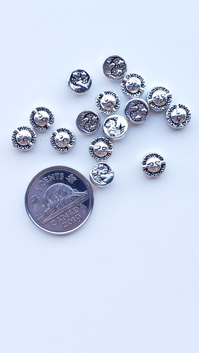 SUN AND MOON BEAD - DOUBLE SIDED PEWTER SPACER BEAD 15PCS