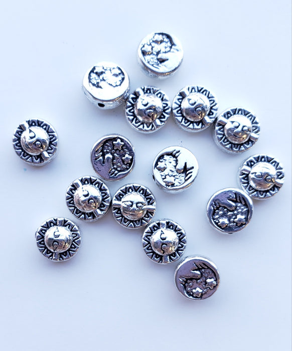 SUN AND MOON BEAD - DOUBLE SIDED PEWTER SPACER BEAD 15PCS