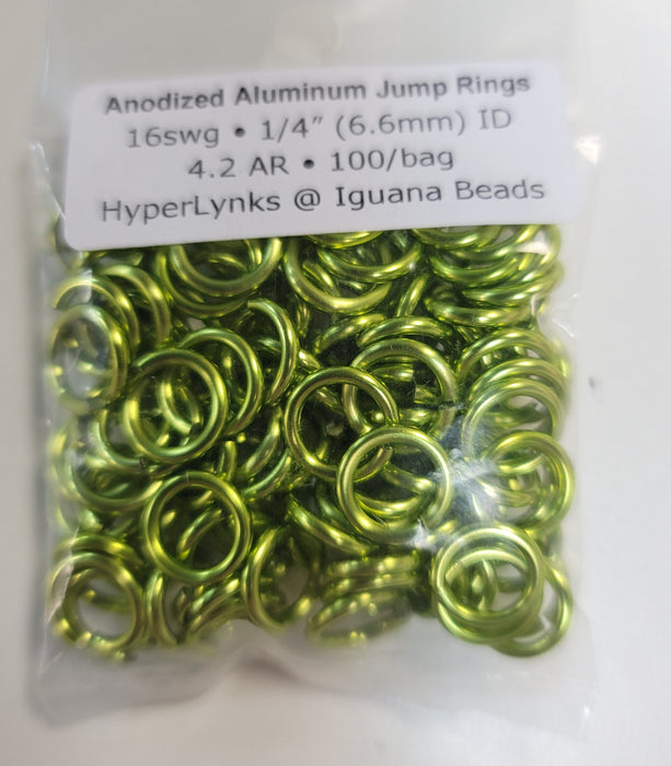 Jump Rings Annodized Aluminum 16g 1/4"ID 100pcs Lime 6.6mm jump rings