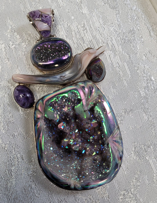 Aura Druzy Agate Pendant with Charoite & Mother of Pearl Inlays