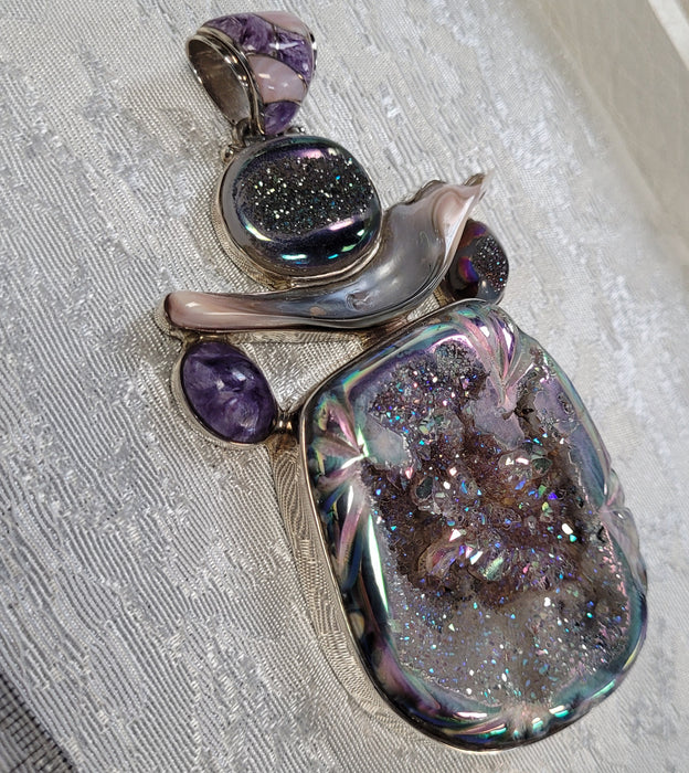 Aura Druzy Agate Pendant with Charoite & Mother of Pearl Inlays