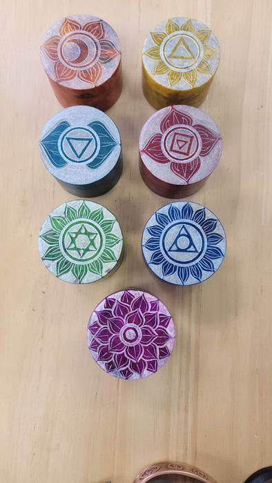 Soapstone Box Round 7 Chakras 2" Diameter - Choose Colour