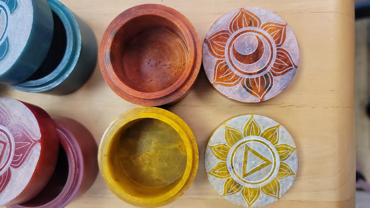 Soapstone Box Round 7 Chakras 2" Diameter - Choose Colour