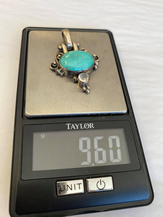 Turquoise and Rainbow Moonstone in Sterling Pendant