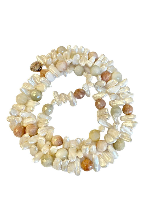 Moonstone, Sunstone and Fresh Water Pearls Necklace with Sterling clasp