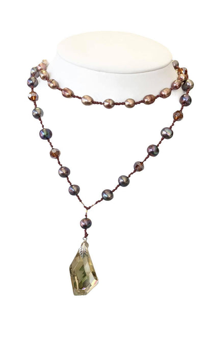 Knotted Fresh Water Pearl and Crystal Necklace