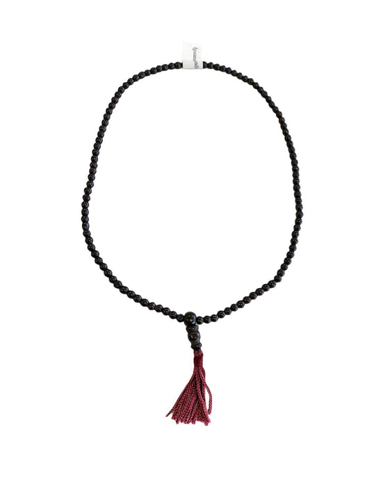 Wooden Mala with Raspberry Tassel Necklace