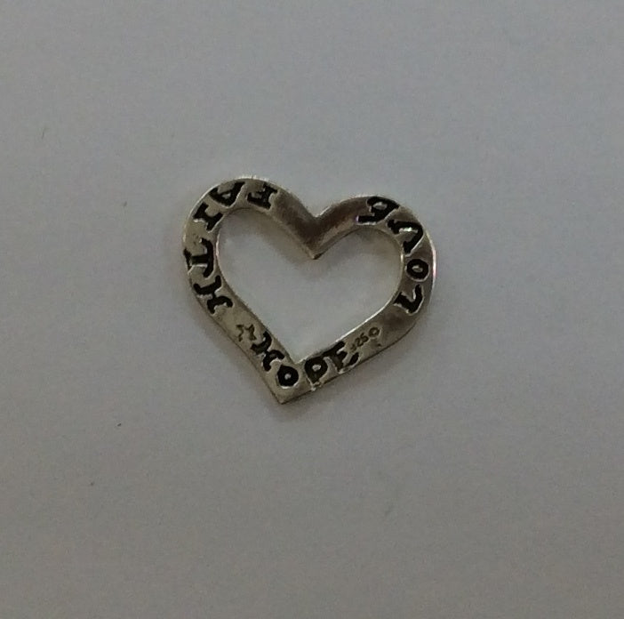 Sterling Silver Charm, Heart with words Faith Hope Love