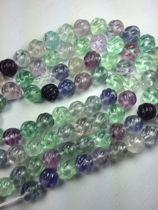 Fluorite Carved Swirl 9.5mm Round Beads 16" Strand approx