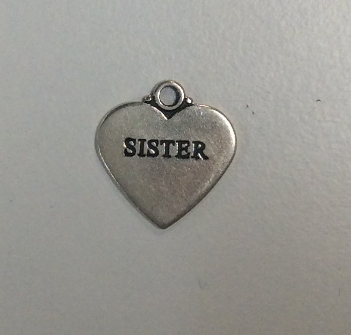 Sterling Silver Charm, Heart with word Sister