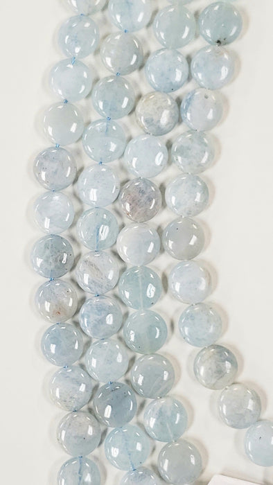 Aquamarine Flat Coin Beads 8" Strand 12mm diameter beads