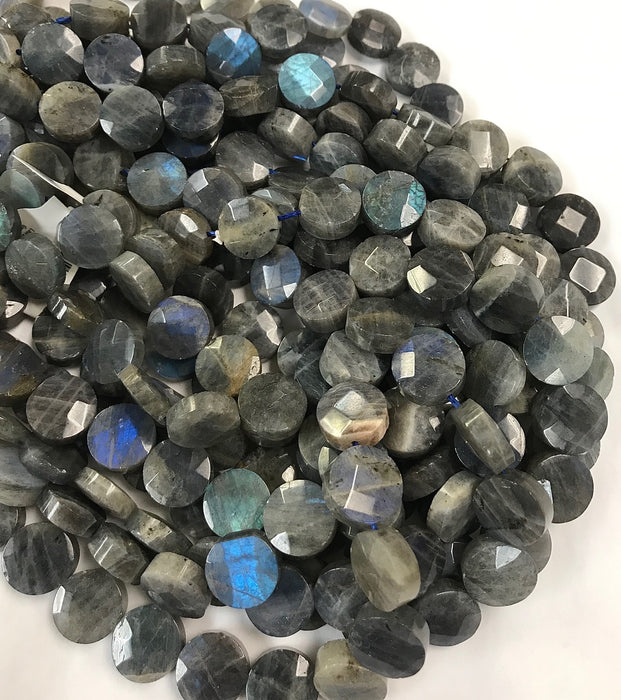 14mm Faceted Labradorite Coin Gemstone Bead Strand