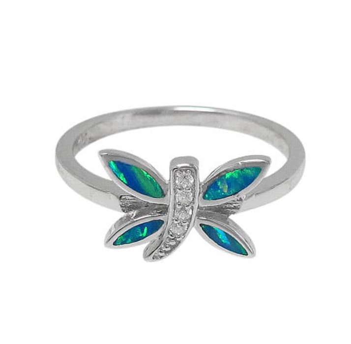 Dragonfly Ring with lab created Opal Sterling Silver