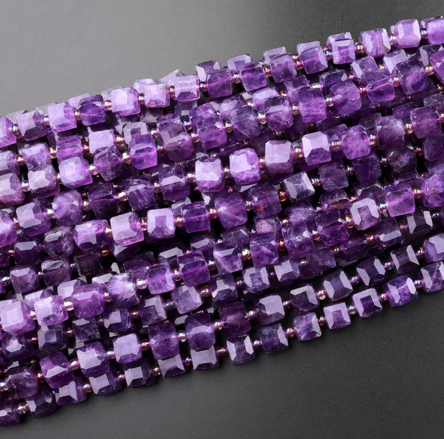 8mm Faceted Amethyst Cube Gemstone Bead Strand