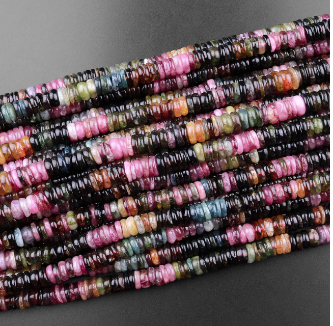 6mm Muticolour Tourmaline Heishi Rondelle Gemstone Bead Strand