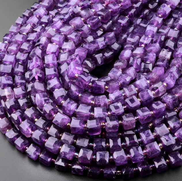 8mm Faceted Amethyst Cube Gemstone Bead Strand