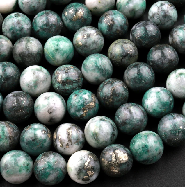 8mm Pyrite in Green Jade Genuine Round Gemstone Bead Strand