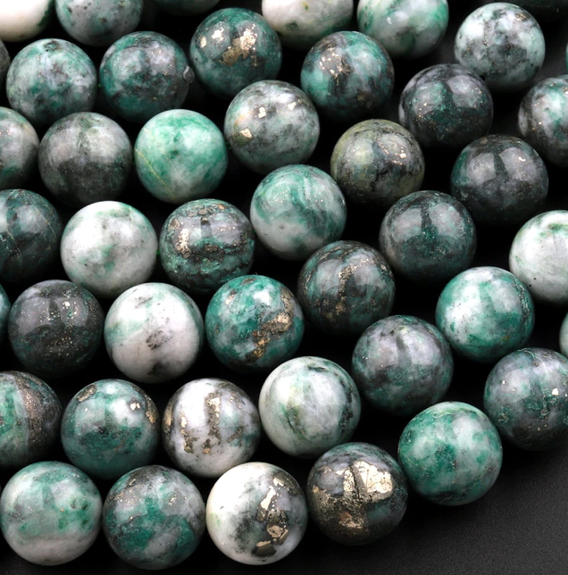 6mm Pyrite in Green Jade Genuine Round Gemstone Bead Strand