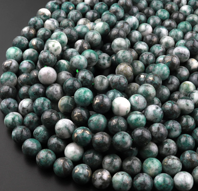 12mm Pyrite in Green Jade Genuine Round Gemstone Bead Strand